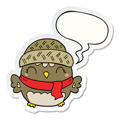 cute cartoon owl in hat and speech bubble sticker