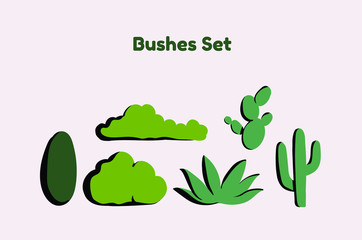 Bushes and cactuses Set Illustration Hand drawn Whimsical Naive style. 