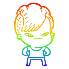 rainbow gradient line drawing cute cartoon girl with hipster haircut