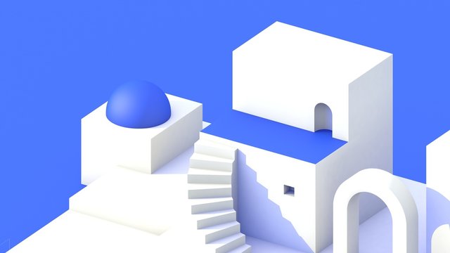 Fantasy Southern Greek style architectural scene in White and blue colors. Santorini style abstract background 3d render