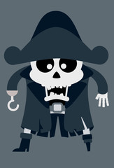 Fully editable vector illustration of a ghostly pirate skull, with ragged clothes, a wooden leg and a hook for a hand.