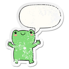 cute cartoon frog and speech bubble distressed sticker