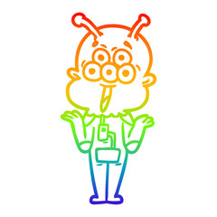 rainbow gradient line drawing happy cartoon alien shrugging shoulders