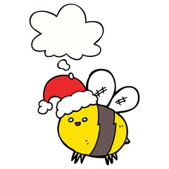 cute cartoon bee wearing christmas hat and thought bubble