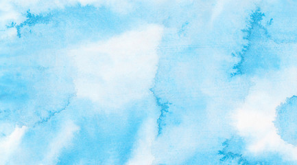 Creative aquarelle painted paper textured canvas for vintage design, invitation card, template. Sky shades blue color watercolor illustration, creative background, smeared light turquoise frame