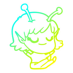 cold gradient line drawing smiling alien girl cartoon sitting