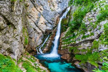 Falling water of  Savica Waterfall in the Bohinj Lake area in the Triglav National Park, Julian...