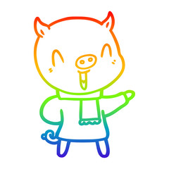 rainbow gradient line drawing happy cartoon pig in winter clothes