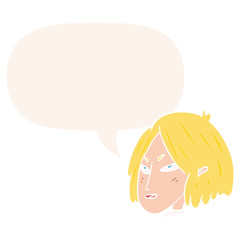 cartoon woman and speech bubble in retro style