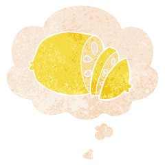 cartoon sliced lemon and thought bubble in retro textured style