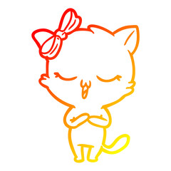 warm gradient line drawing cartoon cat with bow on head