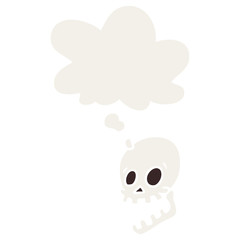 laughing skull cartoon and thought bubble in retro style