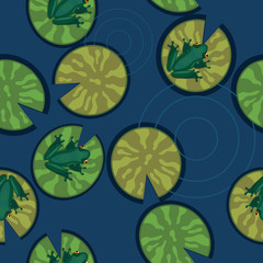 Seamless texture of frogs on lily pads on a pond. Vector illustration.