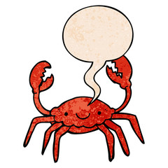 cartoon crab and speech bubble in retro texture style