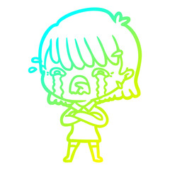 cold gradient line drawing cartoon girl crying