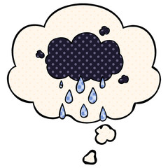 cartoon cloud raining and thought bubble in comic book style