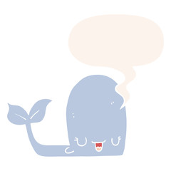 cartoon happy whale and speech bubble in retro style