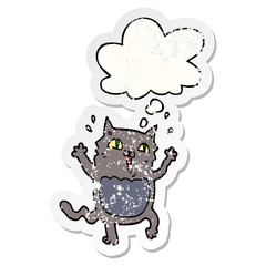 cartoon crazy excited cat and thought bubble as a distressed worn sticker