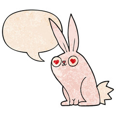 cartoon bunny rabbit in love and speech bubble in retro texture style