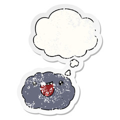 cartoon happy cloud and thought bubble as a distressed worn sticker