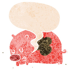 cute cartoon pig and speech bubble in retro textured style
