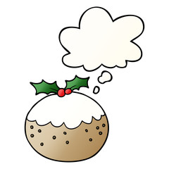 cartoon christmas pudding and thought bubble in smooth gradient style