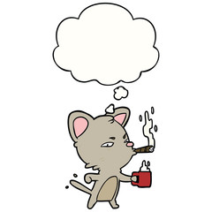 cartoon cat with coffee and cigar and thought bubble