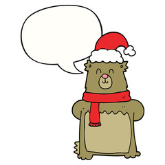 cartoon bear wearing christmas hat and speech bubble