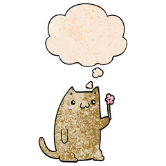 cute cartoon cat with flower and thought bubble in grunge texture pattern style