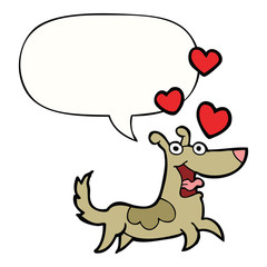cartoon dog and love hearts and speech bubble