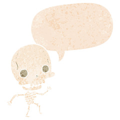 cartoon skeleton and speech bubble in retro textured style