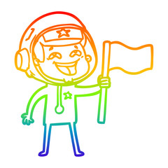 rainbow gradient line drawing cartoon laughing astronaut waving flag