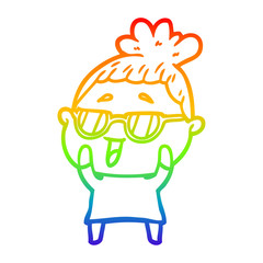 rainbow gradient line drawing cartoon happy woman wearing spectacles
