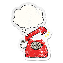 cartoon ringing telephone and thought bubble as a distressed worn sticker