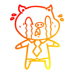 warm gradient line drawing crying pig cartoon wearing human clothes