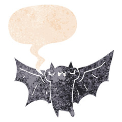 cute cartoon halloween bat and speech bubble in retro textured style