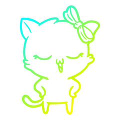 cold gradient line drawing cartoon cat with bow on head and hands on hips