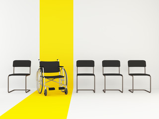 Wheelchair among office chairs. Concept of equality. Vacancy for a disabled person. 3D rendering.