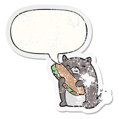 cartoon cat loving the amazing sandwich he's just made for lunch and speech bubble distressed sticker
