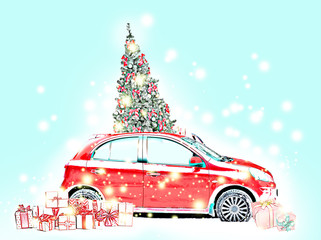 Modern red car, different gift boxes and beautiful Christmas tree on blue background
