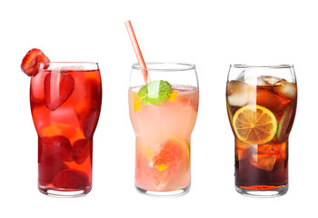Set of glasses with different refreshing drinks on white background
