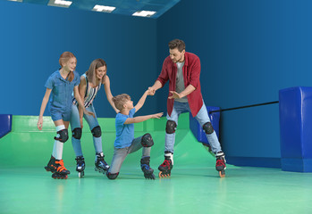 Fototapeta premium Happy family having fun at roller skating rink