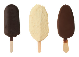 Set of different delicious ice creams on white background