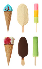  Set of different delicious ice creams on white background