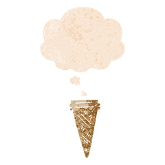 cartoon ice cream cone and thought bubble in retro textured style