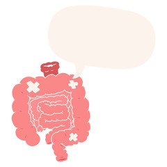 cartoon repaired intestines and speech bubble in retro style