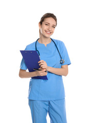 Portrait of medical doctor with clipboard and stethoscope isolated on white
