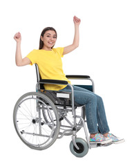 Happy young woman in wheelchair isolated on white