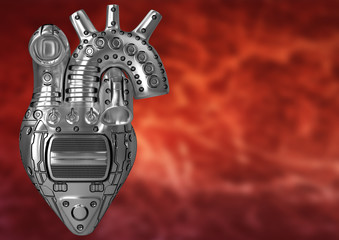 Steel heart isolated on red organic background, inside the rib cage. Concept of heart care