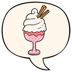 cartoon ice cream dessert and speech bubble in comic book style